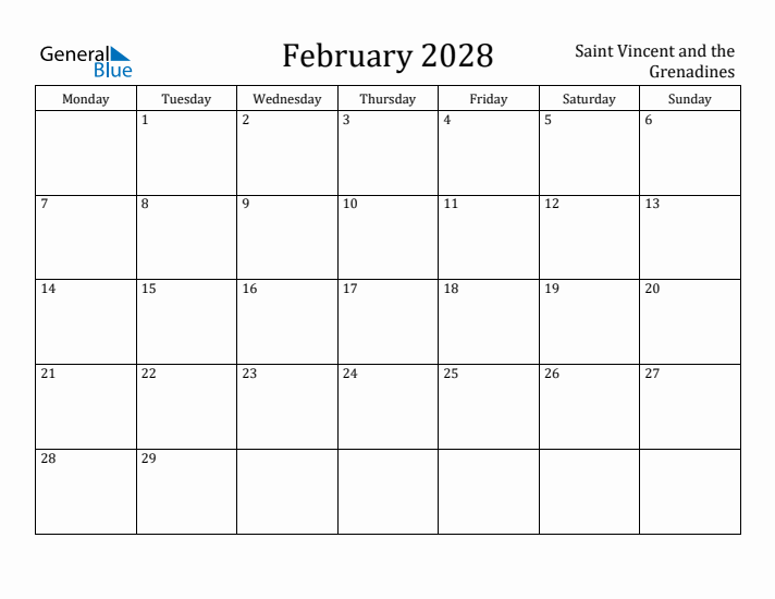 February 2028 Calendar Saint Vincent and the Grenadines
