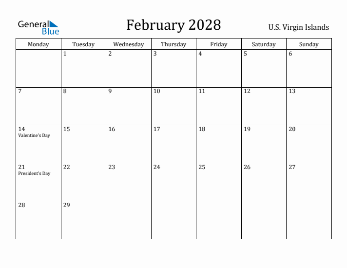 February 2028 Calendar U.S. Virgin Islands