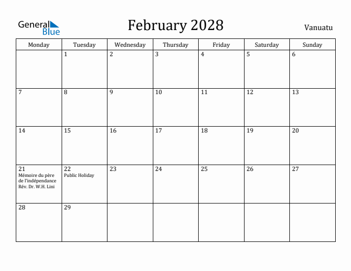 February 2028 Calendar Vanuatu