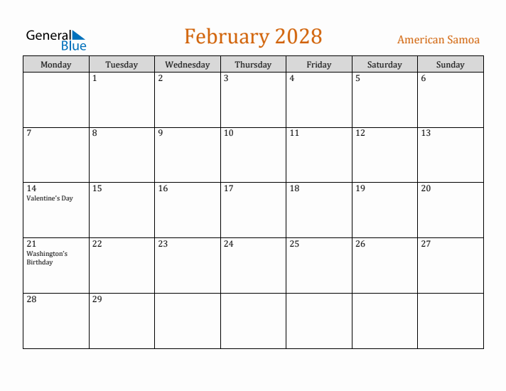 February 2028 Holiday Calendar with Monday Start