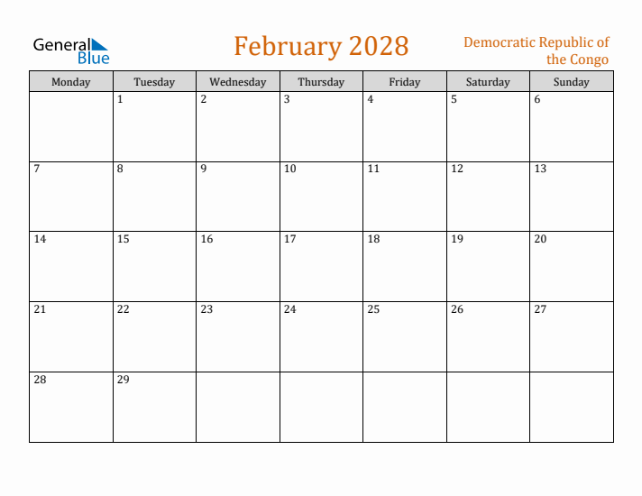 February 2028 Holiday Calendar with Monday Start