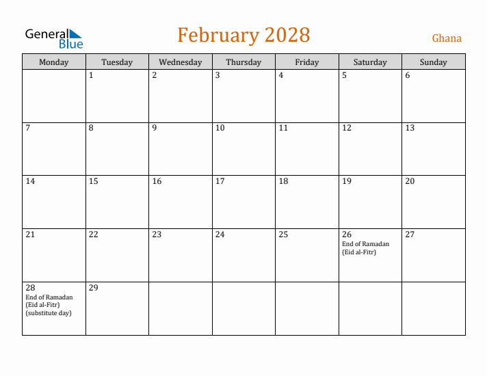 February 2028 Holiday Calendar with Monday Start