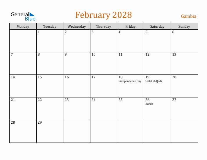 February 2028 Holiday Calendar with Monday Start