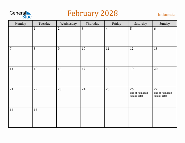 February 2028 Holiday Calendar with Monday Start