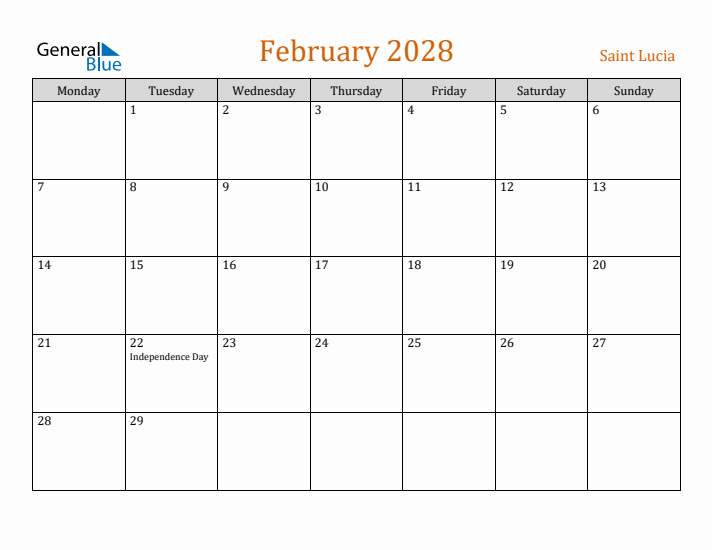 February 2028 Holiday Calendar with Monday Start