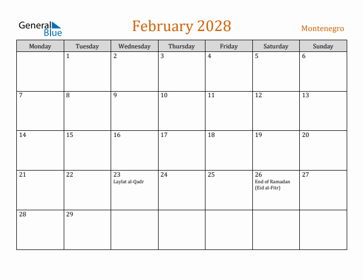 February 2028 Holiday Calendar with Monday Start