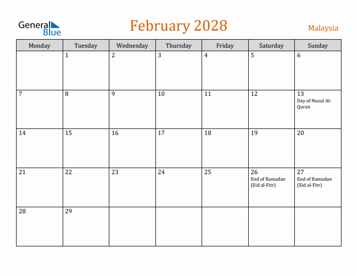 February 2028 Holiday Calendar with Monday Start