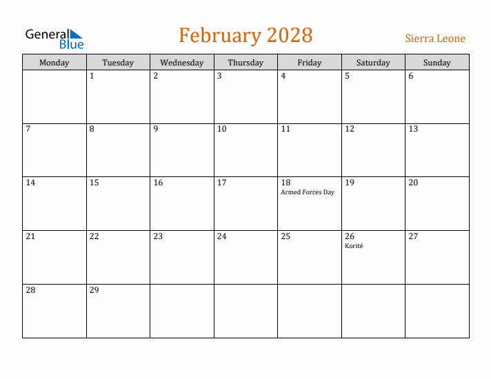 February 2028 Holiday Calendar with Monday Start