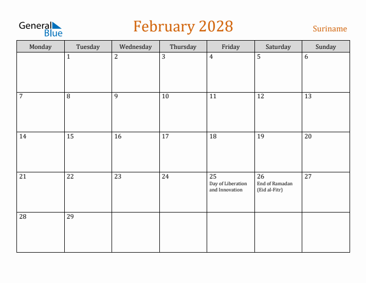 February 2028 Holiday Calendar with Monday Start