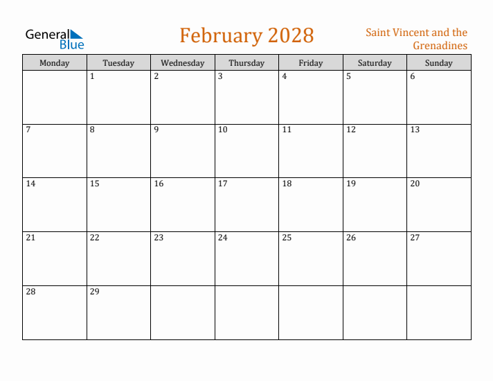February 2028 Holiday Calendar with Monday Start