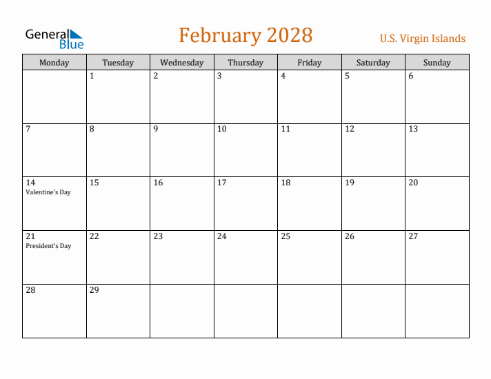 February 2028 Holiday Calendar with Monday Start