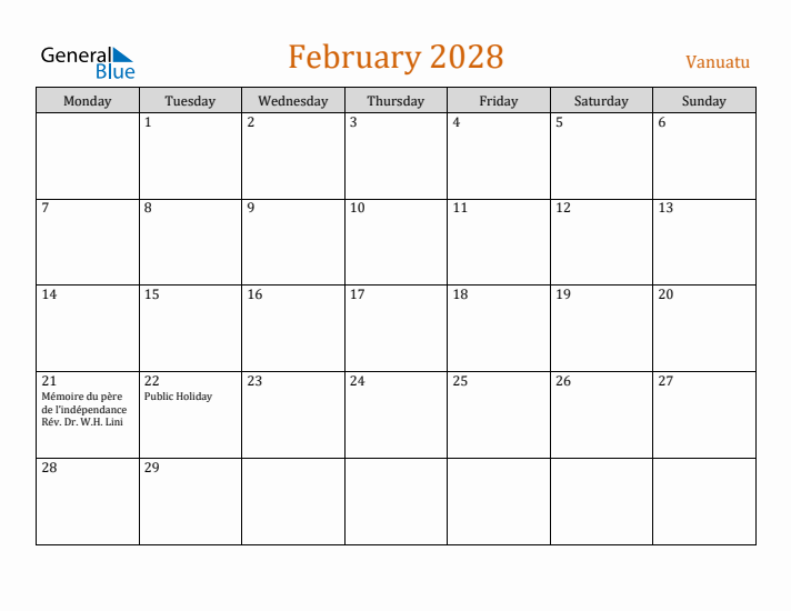 February 2028 Holiday Calendar with Monday Start