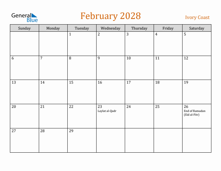 February 2028 Holiday Calendar with Sunday Start