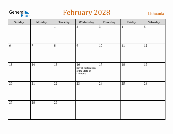 February 2028 Holiday Calendar with Sunday Start