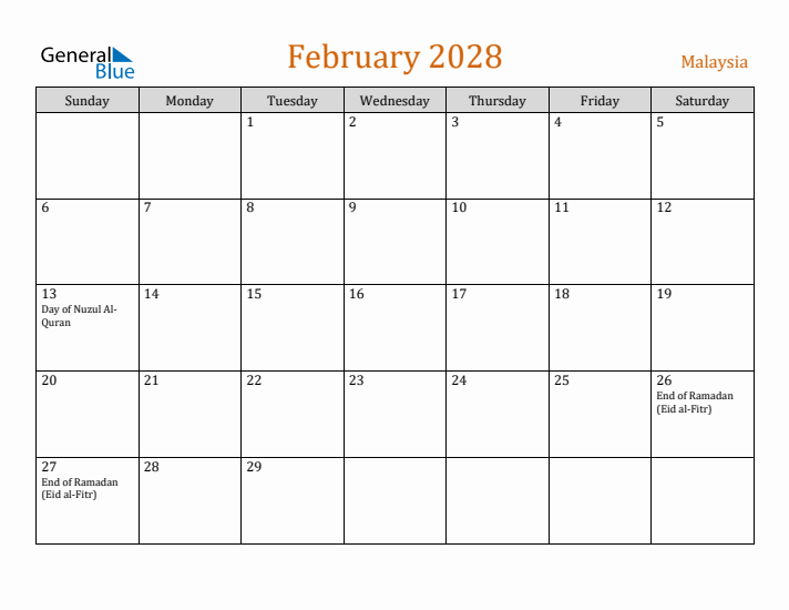 February 2028 Holiday Calendar with Sunday Start