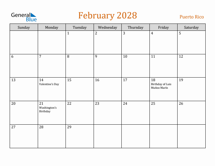 February 2028 Holiday Calendar with Sunday Start