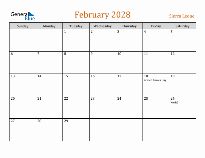 February 2028 Holiday Calendar with Sunday Start