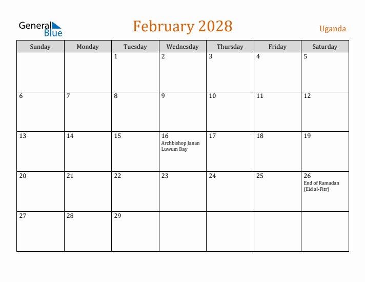 February 2028 Holiday Calendar with Sunday Start