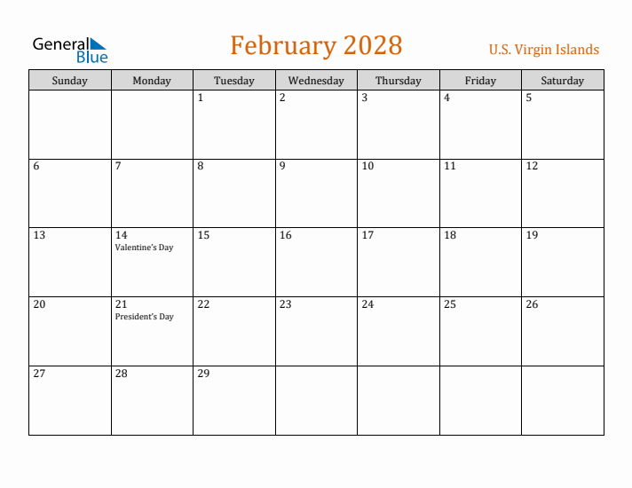 February 2028 Holiday Calendar with Sunday Start