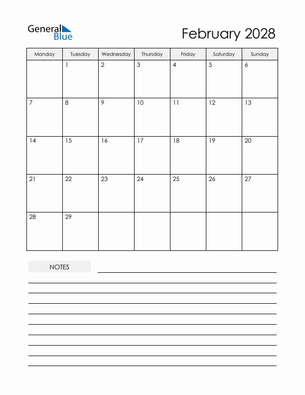 Printable Calendar with Notes - February 2028