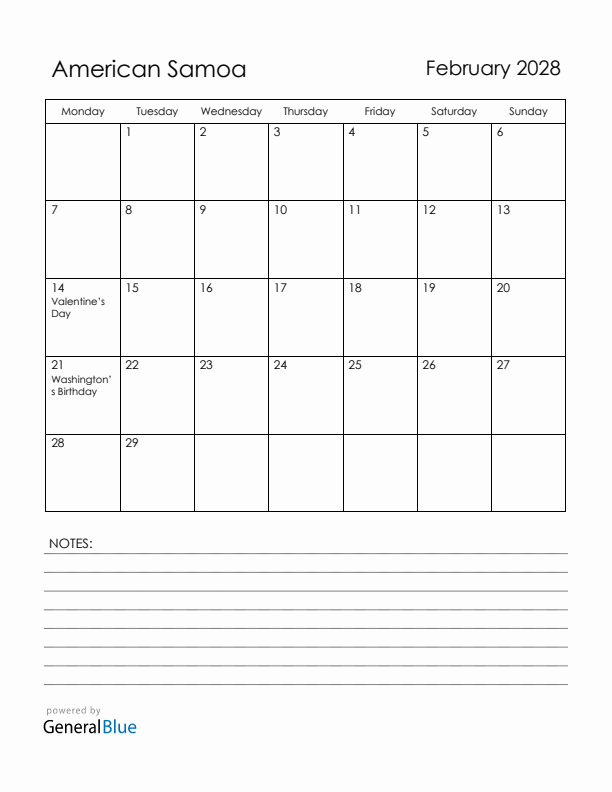 February 2028 American Samoa Calendar with Holidays (Monday Start)