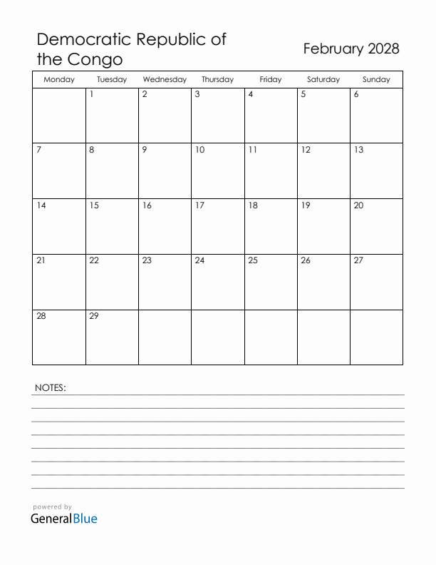 February 2028 Democratic Republic of the Congo Calendar with Holidays (Monday Start)