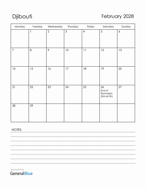 February 2028 Djibouti Calendar with Holidays (Monday Start)