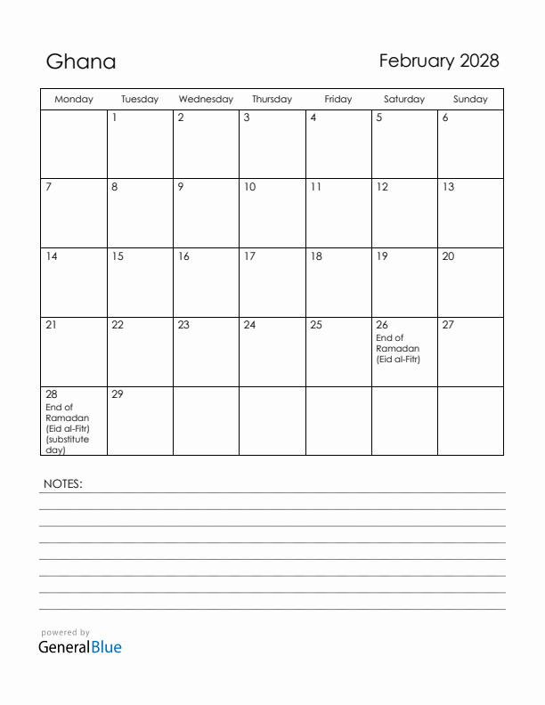 February 2028 Ghana Calendar with Holidays (Monday Start)