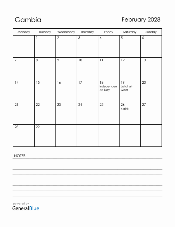 February 2028 Gambia Calendar with Holidays (Monday Start)