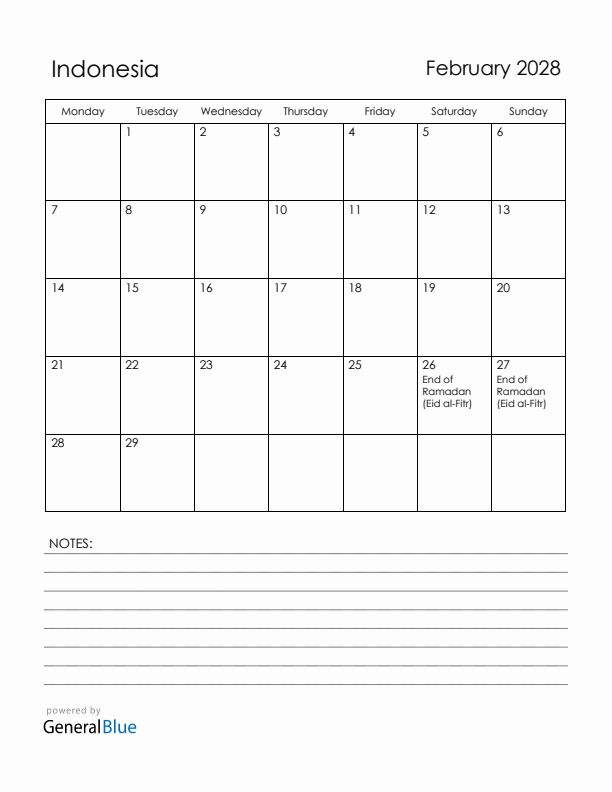 February 2028 Indonesia Calendar with Holidays (Monday Start)