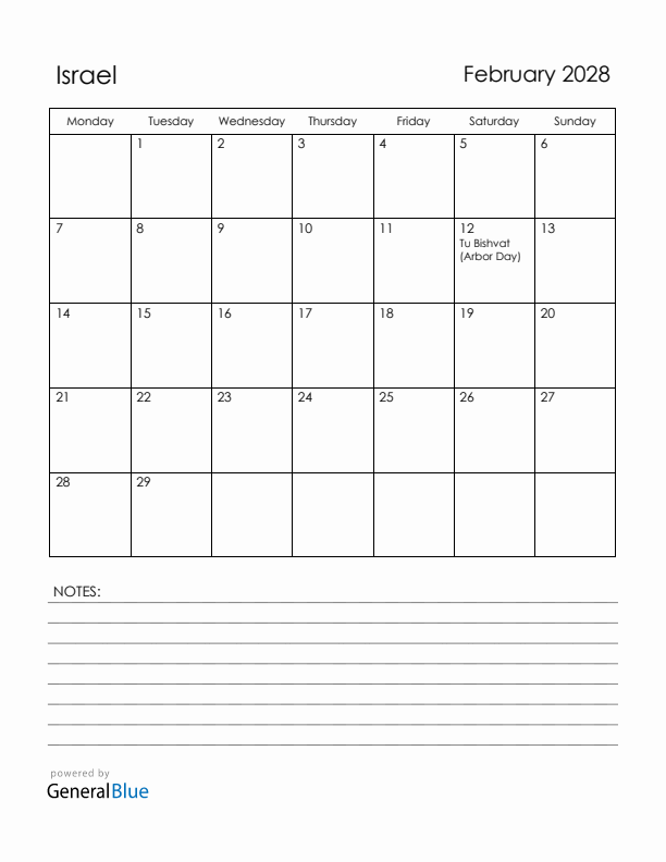 February 2028 Israel Calendar with Holidays (Monday Start)