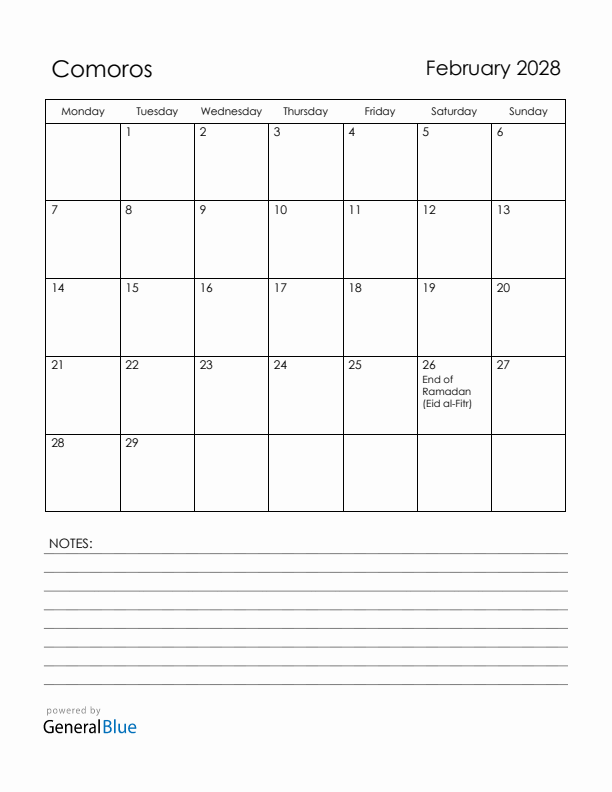 February 2028 Comoros Calendar with Holidays (Monday Start)