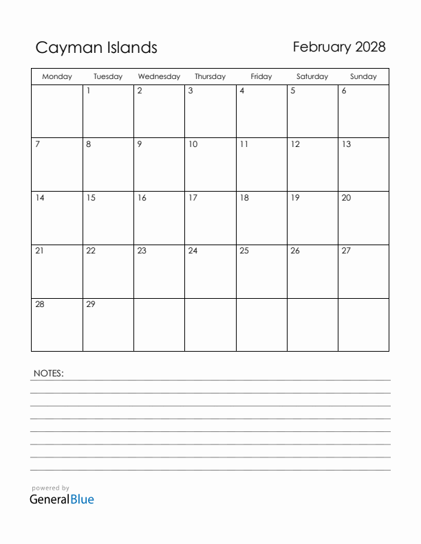 February 2028 Cayman Islands Calendar with Holidays (Monday Start)