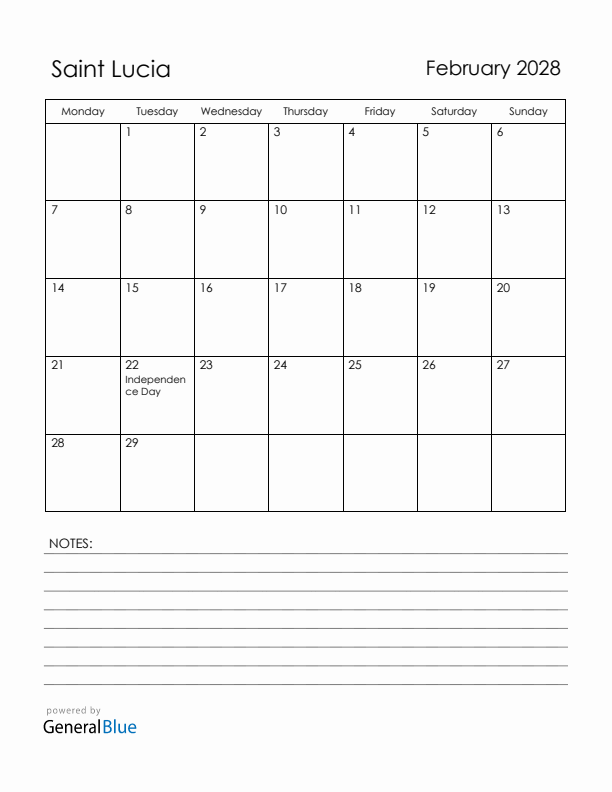 February 2028 Saint Lucia Calendar with Holidays (Monday Start)
