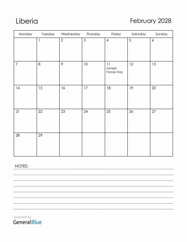 February 2028 Liberia Calendar with Holidays (Monday Start)