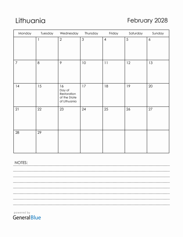 February 2028 Lithuania Calendar with Holidays (Monday Start)
