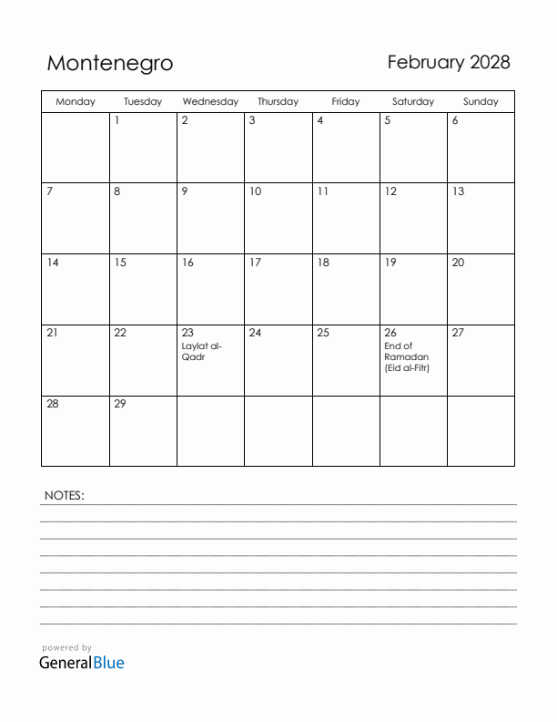 February 2028 Montenegro Calendar with Holidays (Monday Start)