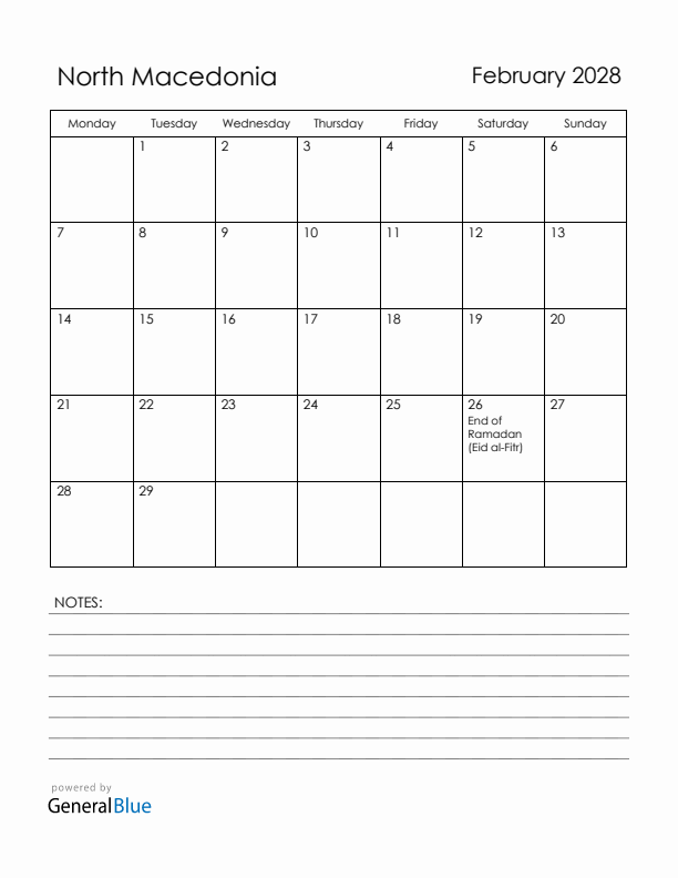 February 2028 North Macedonia Calendar with Holidays (Monday Start)
