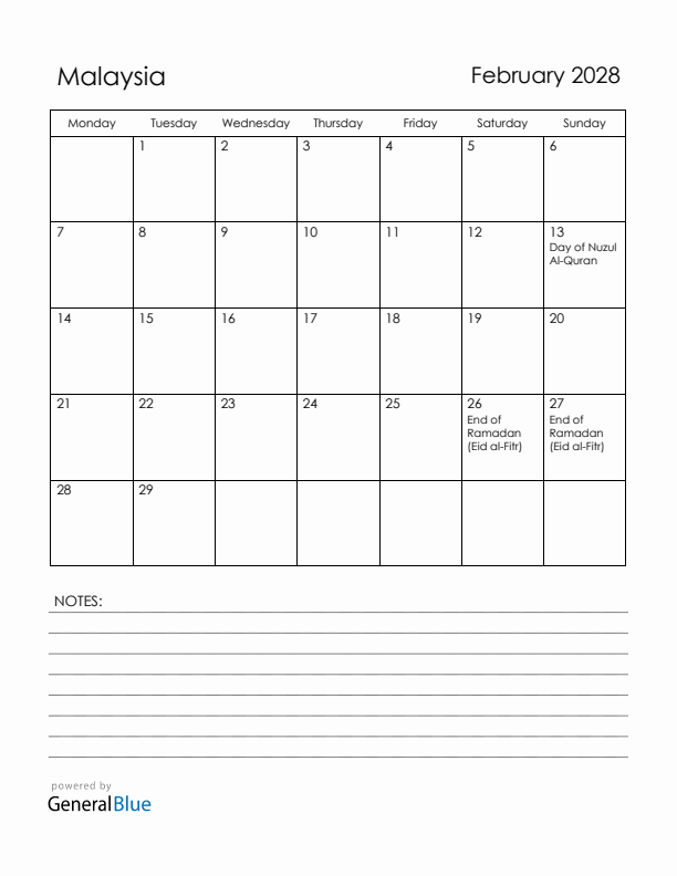 February 2028 Malaysia Calendar with Holidays (Monday Start)