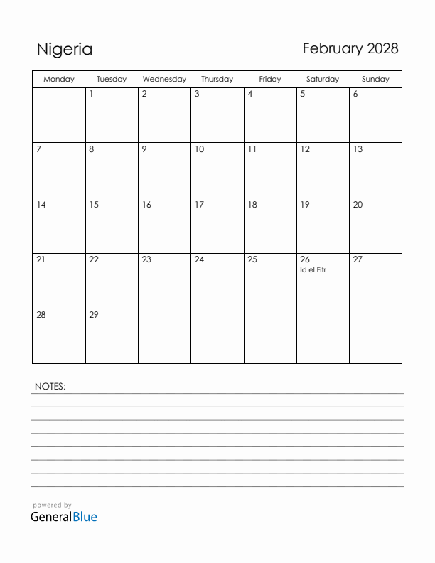 February 2028 Nigeria Calendar with Holidays (Monday Start)