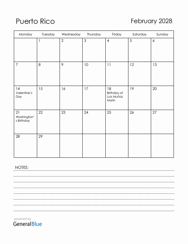 February 2028 Puerto Rico Calendar with Holidays (Monday Start)