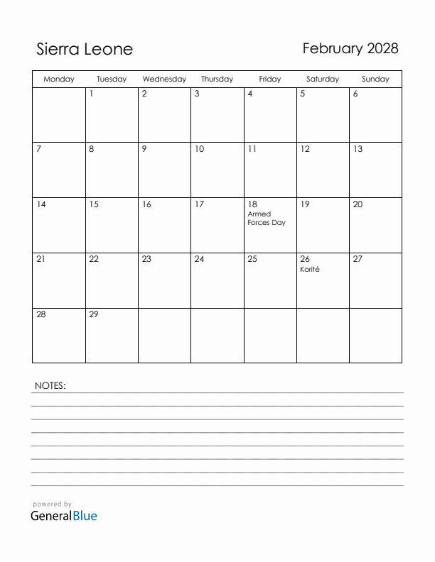 February 2028 Sierra Leone Calendar with Holidays (Monday Start)