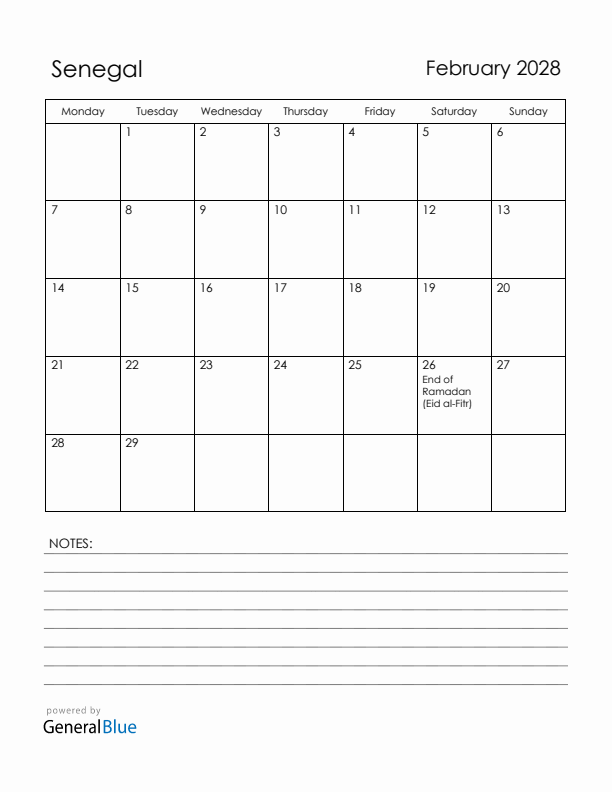 February 2028 Senegal Calendar with Holidays (Monday Start)