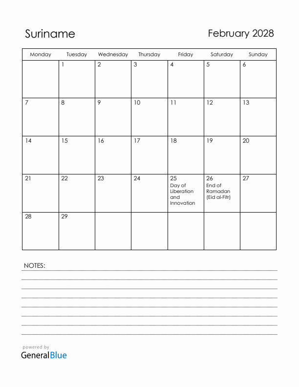 February 2028 Suriname Calendar with Holidays (Monday Start)