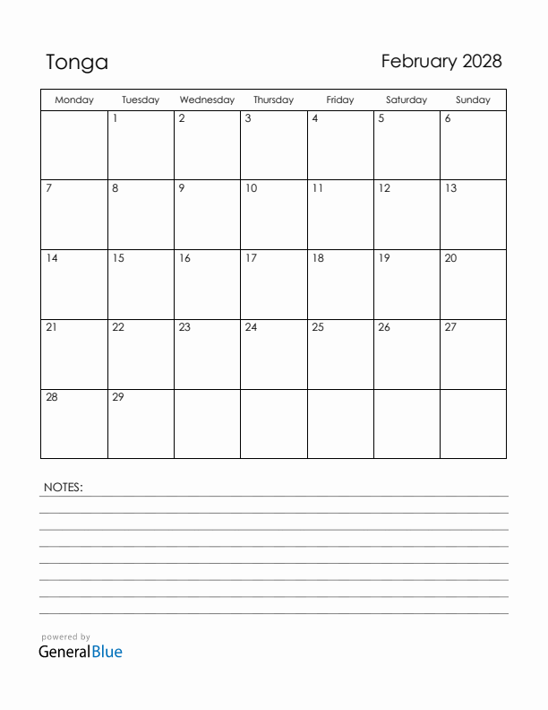 February 2028 Tonga Calendar with Holidays (Monday Start)