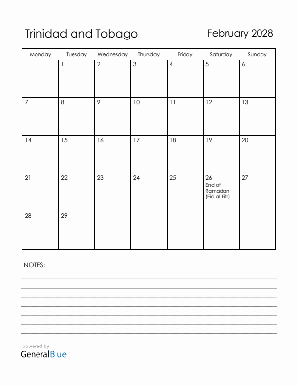 February 2028 Trinidad and Tobago Calendar with Holidays (Monday Start)