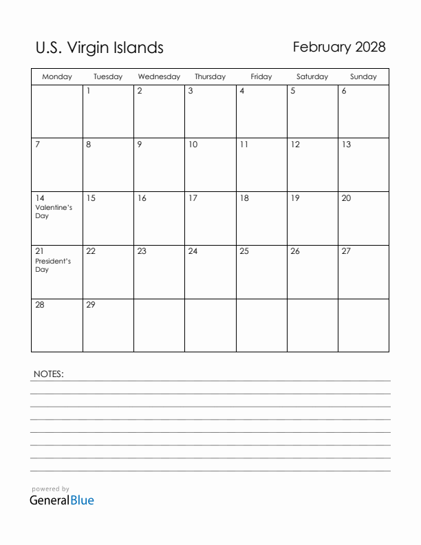 February 2028 U.S. Virgin Islands Calendar with Holidays (Monday Start)