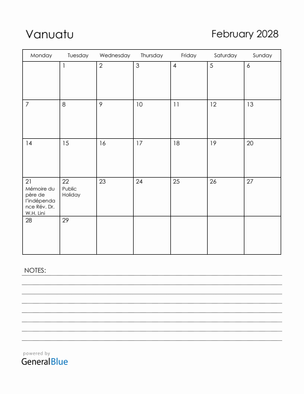 February 2028 Vanuatu Calendar with Holidays (Monday Start)