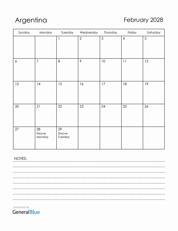 February 2028 Argentina Calendar with Holidays (Sunday Start)