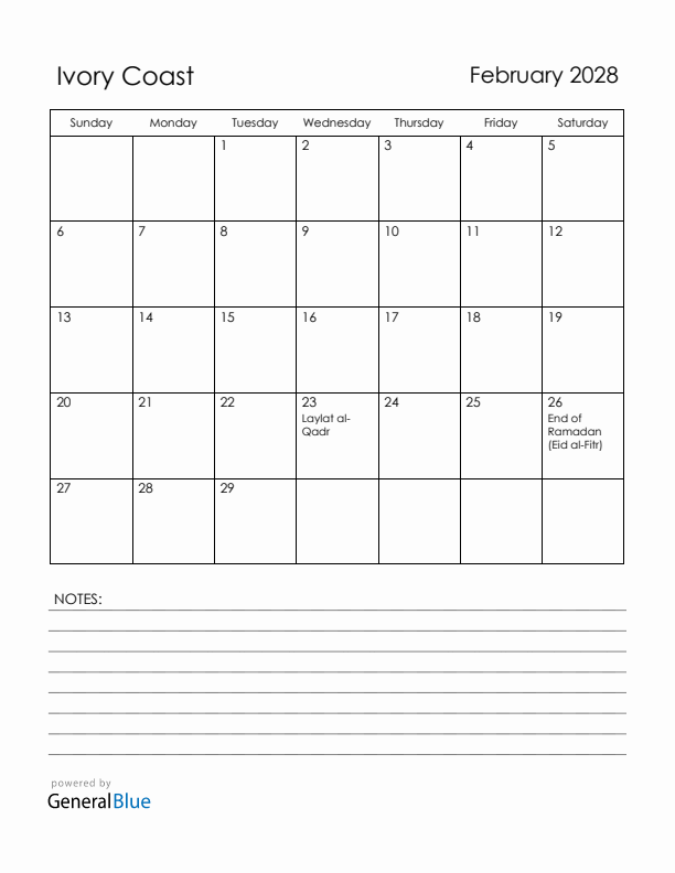 February 2028 Ivory Coast Calendar with Holidays (Sunday Start)